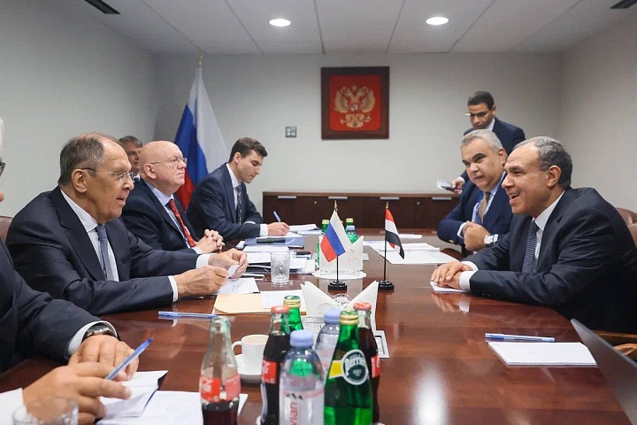 Foreign Ministers Lavrov and Abdelatti with their respective delegations
