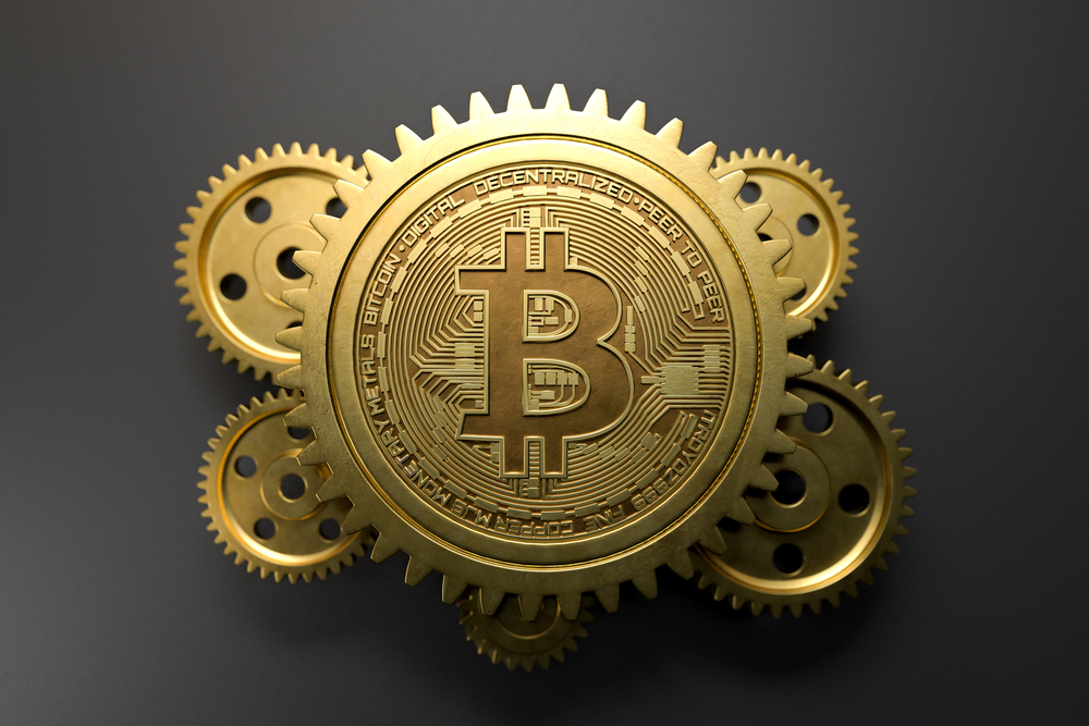 Bitcoin with golden metal gears, Cryptocurrency concept. 3D illustration