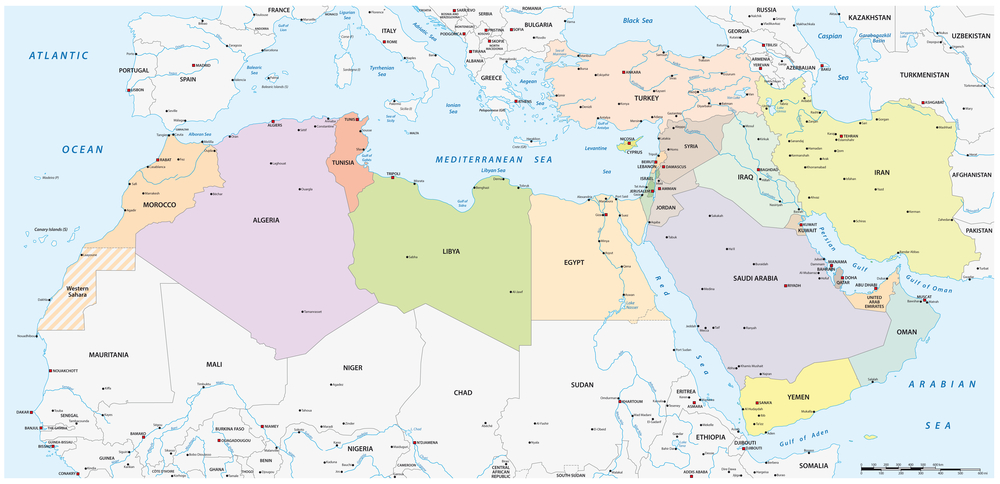 Map of the Mena Region, Middle East and North Africa